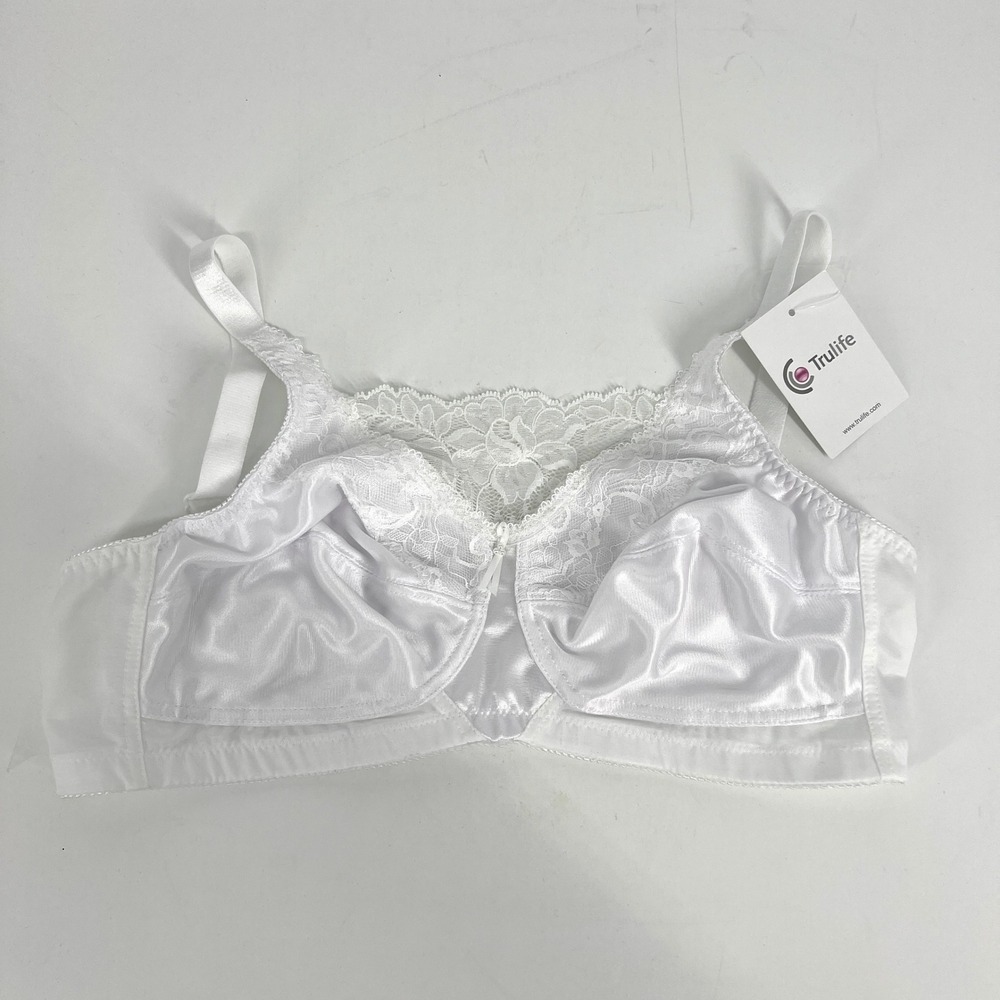 Trulife W4019 White Mastectomy Bra Lace Trim Pocketed Satin 42B Jessica NEW